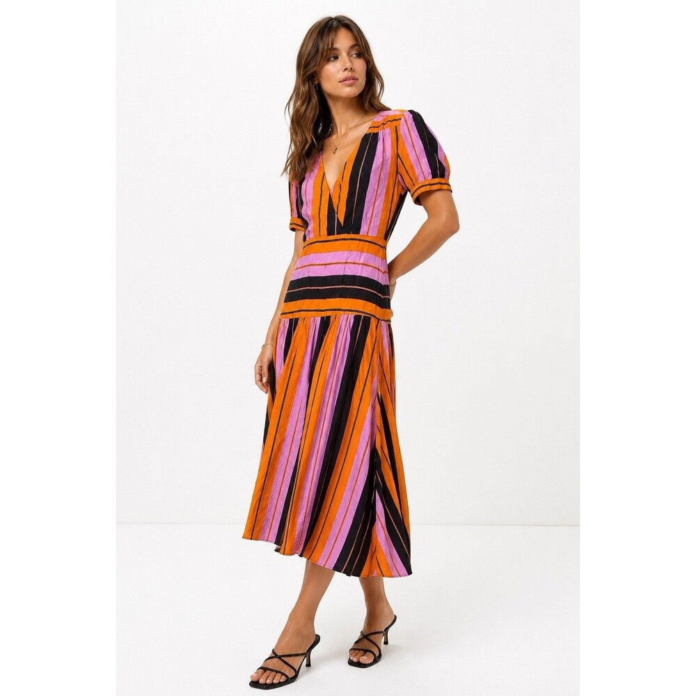 Topshop Jacquard Star Stripe Midi Dress Orange Pink Black Viscose US 6